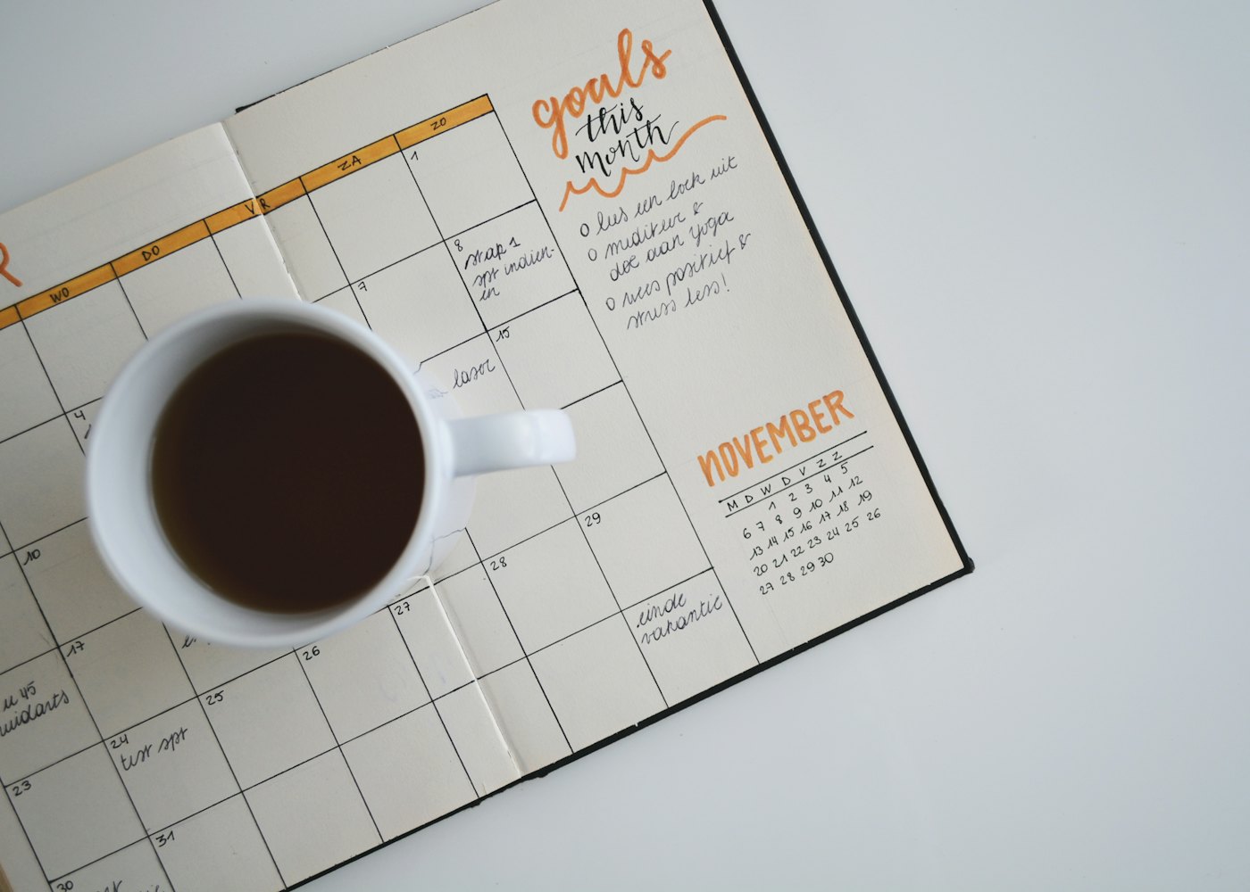 Open diary and a cup of coffee on a desk